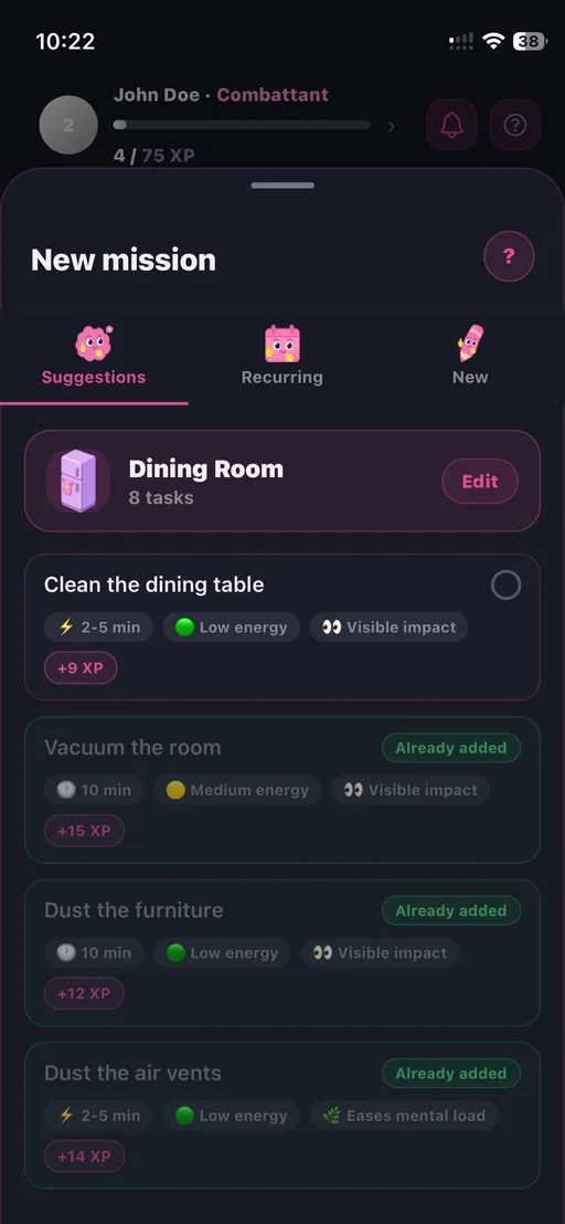 Dopami mission catalog screen