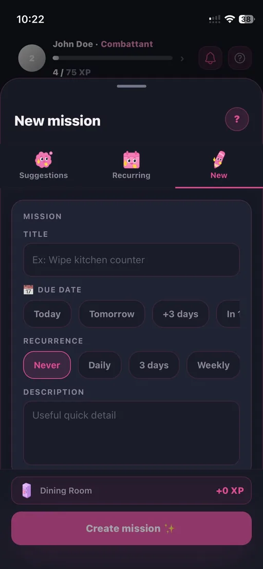 Dopami new mission screen